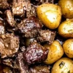 Delicious Crockpot Garlic Butter Beef Bites with Potatoes ready to serve.