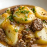 Crockpot Hamburger Potato Casserole dish with layers of meat and potatoes