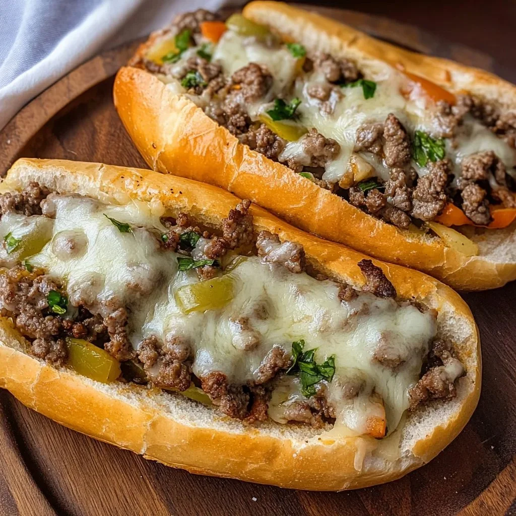 Delicious Ground Beef Philly Cheesesteak prepared with fresh ingredients.