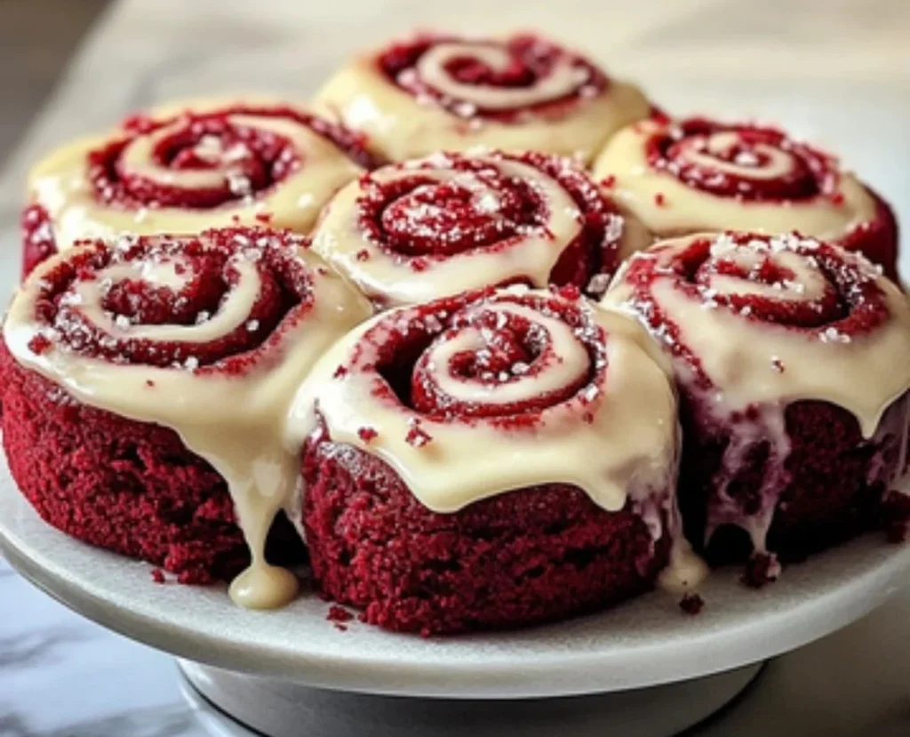 Heavenly red velvet cinnamon rolls topped with cream cheese frosting