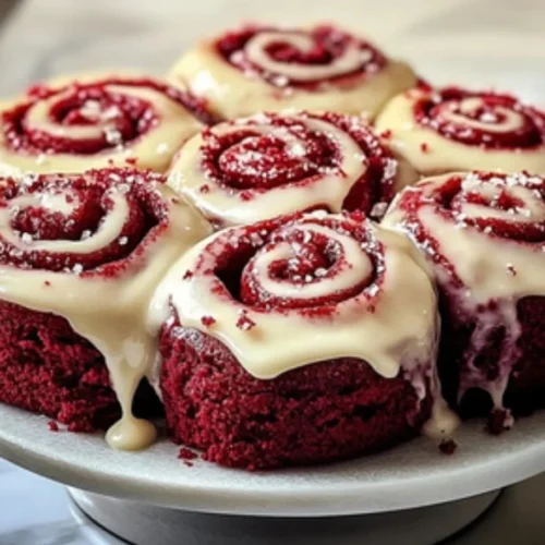 Heavenly red velvet cinnamon rolls topped with cream cheese frosting