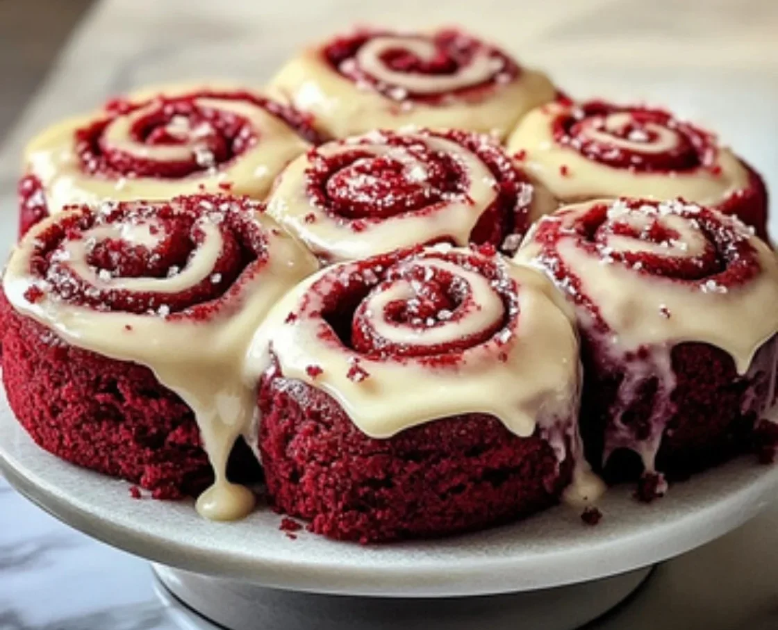 Heavenly red velvet cinnamon rolls topped with cream cheese frosting