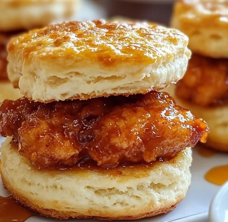 Delicious hot honey chicken biscuits served with a drizzle of honey