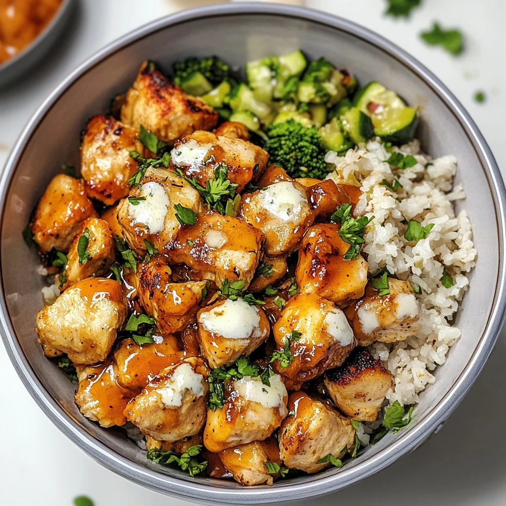 Delicious Hot Honey Chicken Bowl with crispy chicken and spicy honey drizzle.