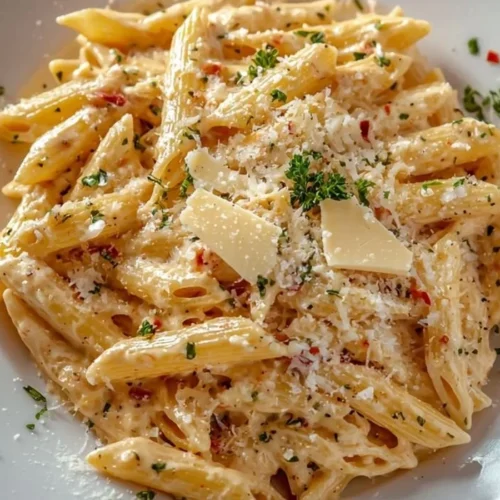 A bowl of One Pot Creamy Garlic Pasta garnished with herbs and Parmesan cheese.