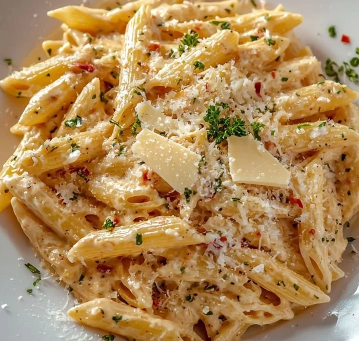 A bowl of One Pot Creamy Garlic Pasta garnished with herbs and Parmesan cheese.