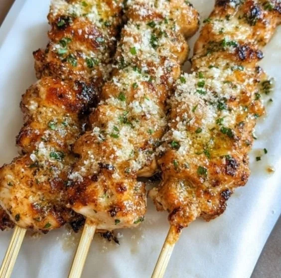 Ranch Garlic Parmesan Chicken Skewers on a platter with fresh herbs
