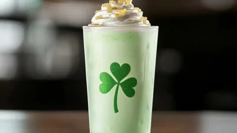 Delicious Shamrock Shake topped with whipped cream and a cherry