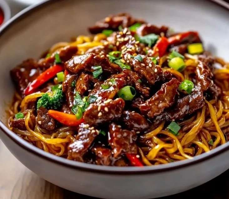 Delicious Sticky Beef Noodles garnished with fresh herbs and chili