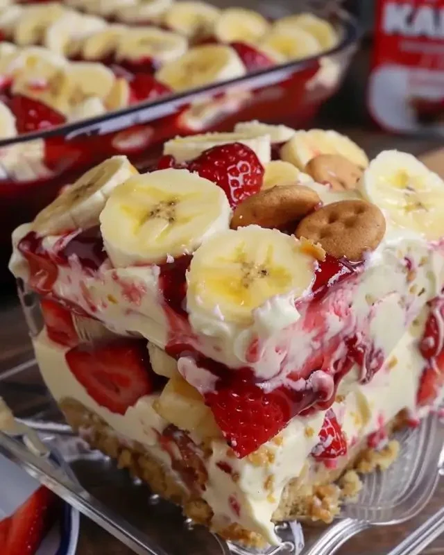 A delicious serving of strawberry banana pudding topped with fresh strawberries