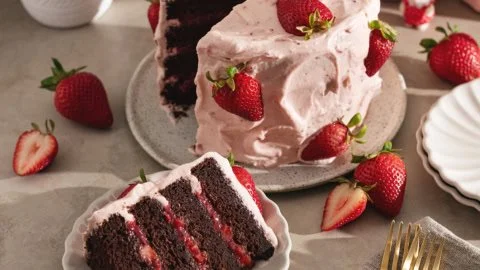 Delicious Strawberry Chocolate Cake topped with fresh strawberries and chocolate ganache.