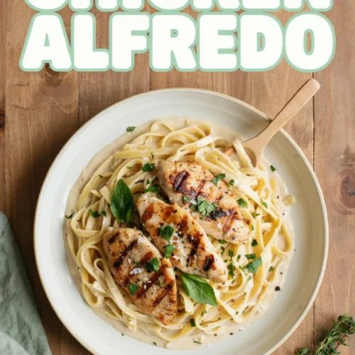 Dairy Free Chicken Alfredo served in a bowl topped with herbs