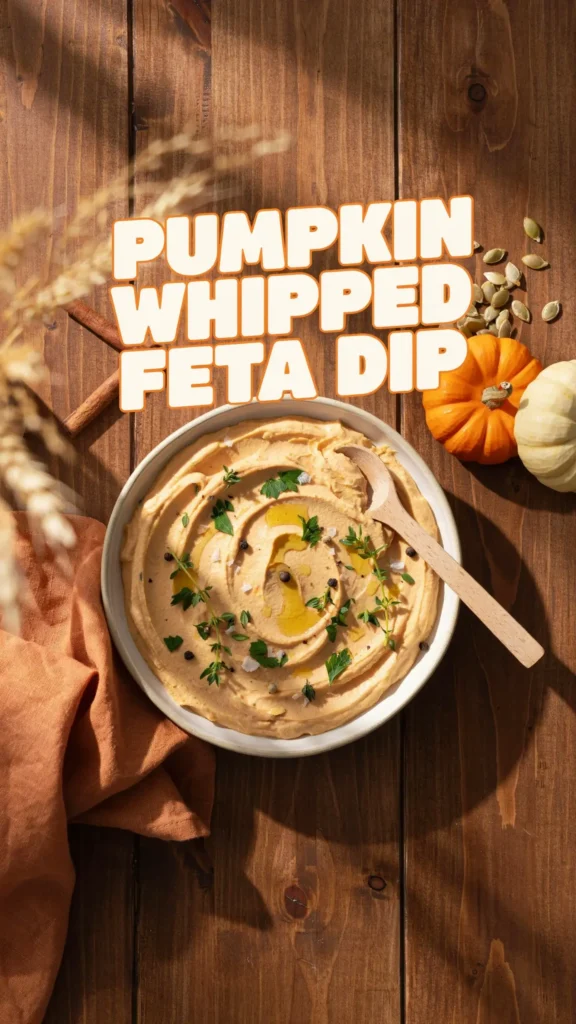 Delicious Pumpkin Whipped Feta Dip served in a bowl with herbs and crackers.