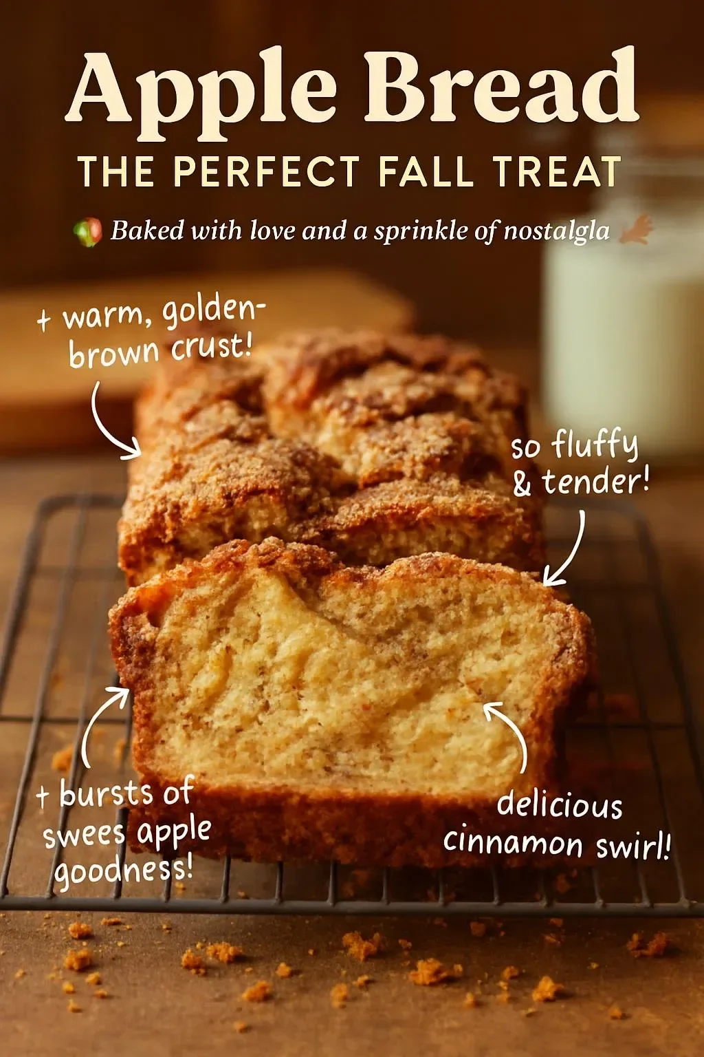 Delicious homemade apple bread freshly baked with apples and spices.