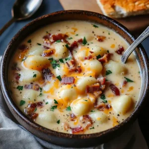 Creamy Bacon Cheddar Gnocchi Soup served in a bowl with crispy bacon and herbs
