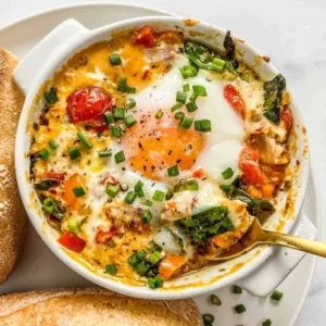 Delicious baked feta eggs served in a skillet with herbs