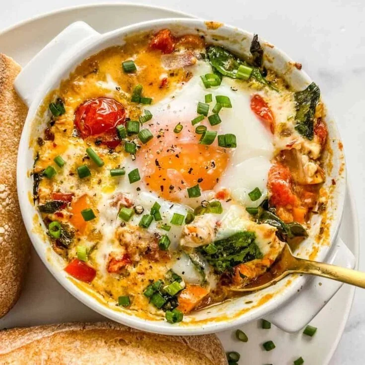 Delicious baked feta eggs served in a skillet with herbs