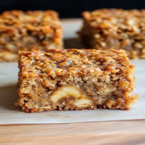Delicious homemade banana oatmeal bars on a wooden table.