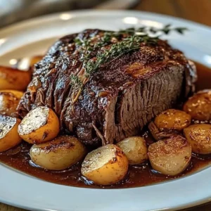 Delicious pot roast made in a crock pot served with vegetables