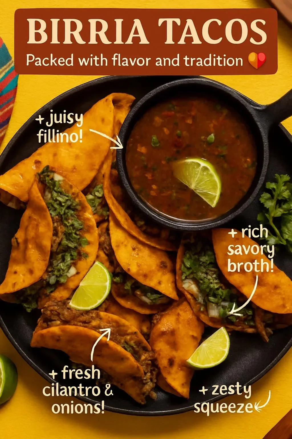 Delicious and authentic Birria Tacos served with rich broth and toppings.