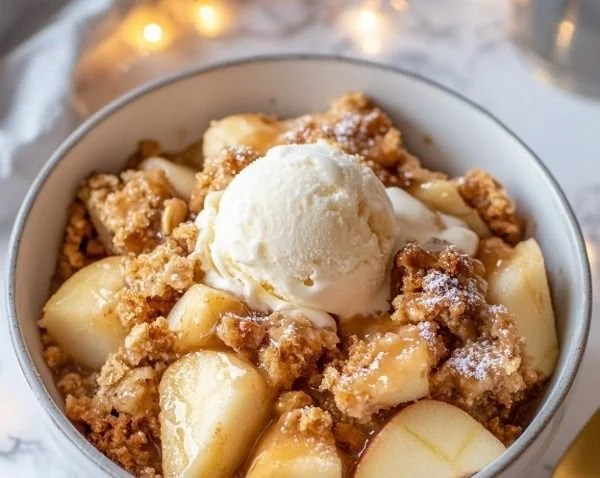 Delicious caramel apple dump cake topped with caramel drizzle and apple slices.