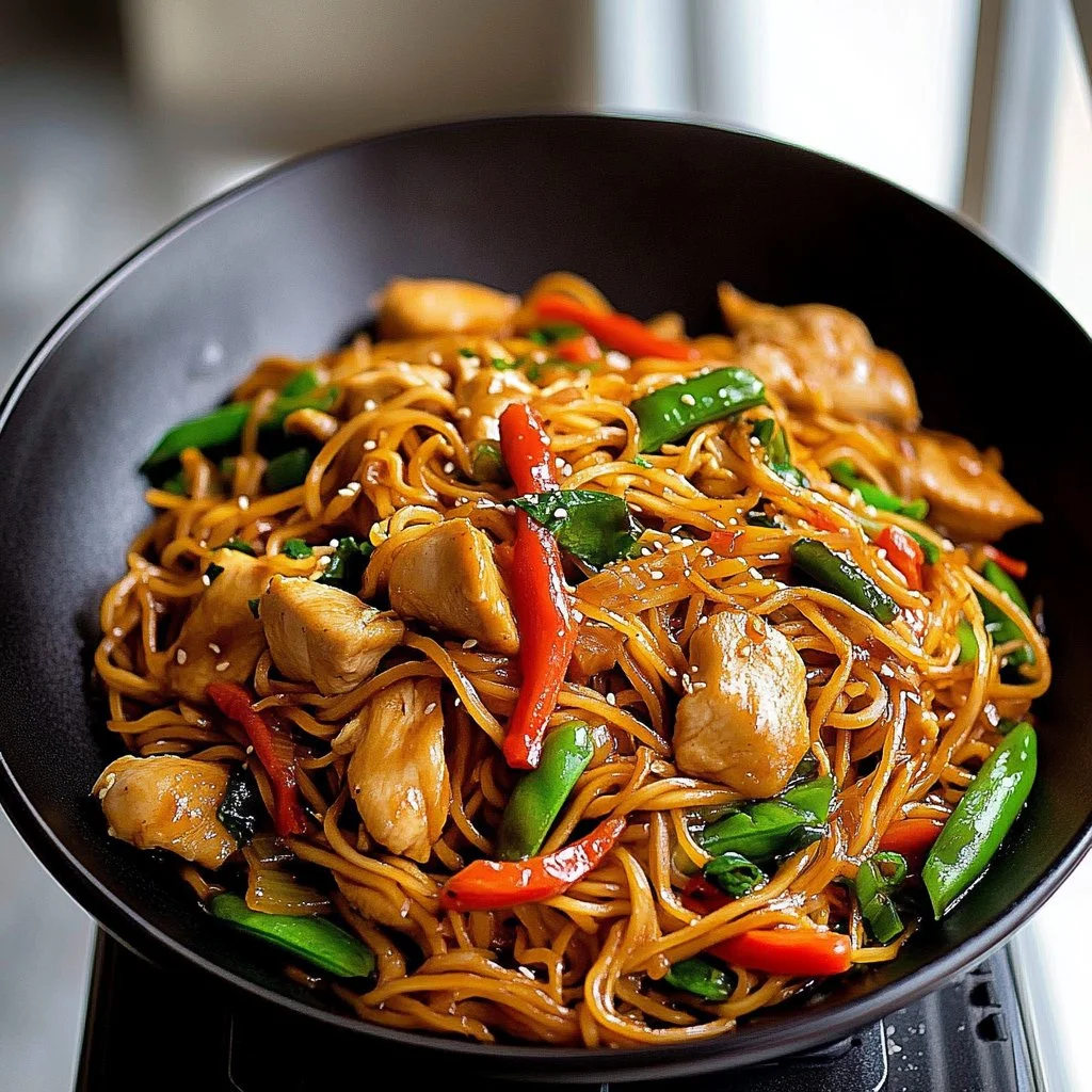 Delicious Chicken Lo Mein served with colorful vegetables in a bowl.