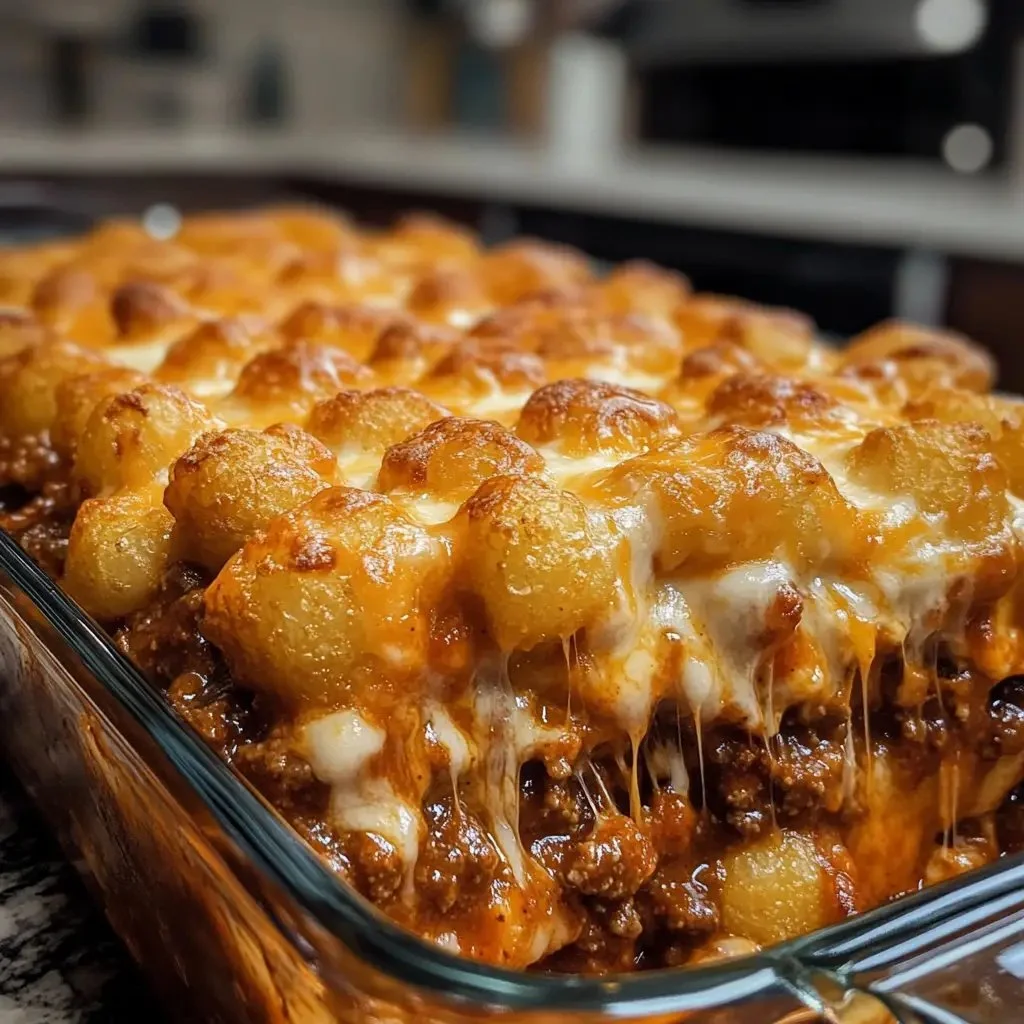 Delicious Chili Cheese Tater Tot Casserole served in a baking dish