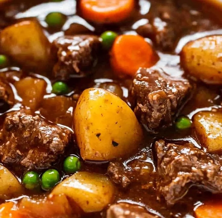 Bowl of comforting crockpot beef stew with hearty vegetables