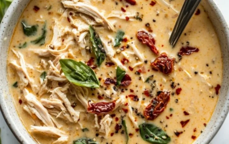 A bowl of warm and hearty crockpot soup with vegetables and herbs