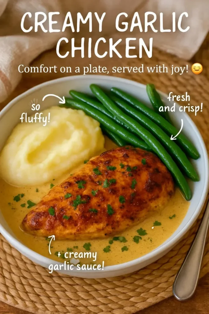 Delicious creamy garlic chicken served with herbs and garnishes