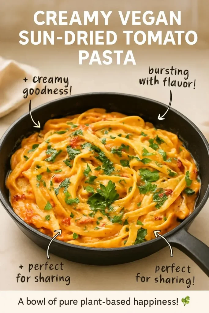 Creamy Vegan Sun-Dried Tomato Pasta served with fresh basil