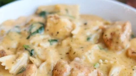 Dairy Free Chicken Alfredo served in a bowl topped with herbs