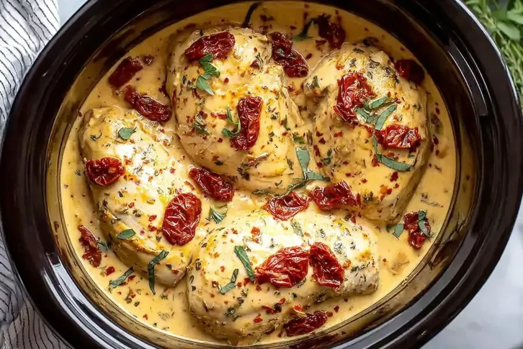 Delicious Dump & Go Crockpot Marry Me Chicken recipe with creamy sauce and herbs