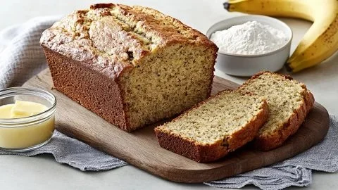 Delicious easy moist banana bread freshly baked on a wooden table.