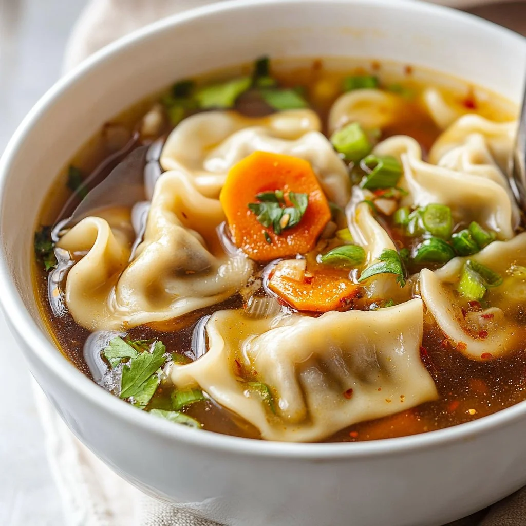 Delicious bowl of Potsticker Soup with dumplings and fresh vegetables