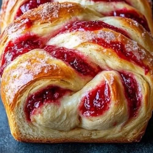 Freshly baked Raspberry Swirl Brioche loaf with vibrant raspberry jam swirl.