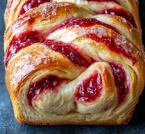 Freshly baked Raspberry Swirl Brioche loaf with vibrant raspberry jam swirl.