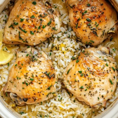 Delicious slow cooker lemon herb chicken served with fluffy rice