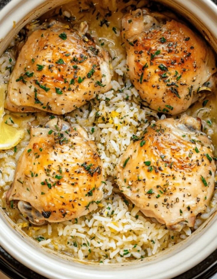 Delicious slow cooker lemon herb chicken served with fluffy rice