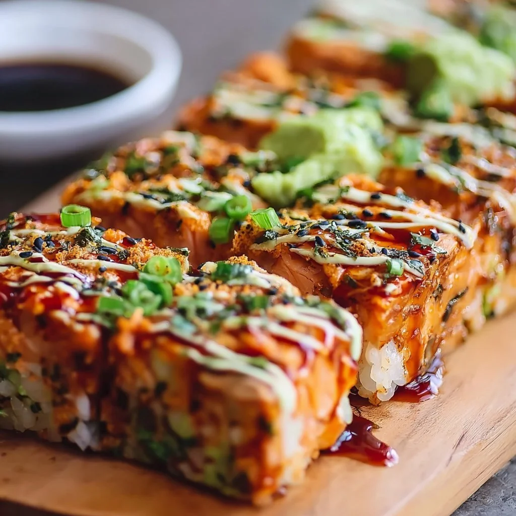 Delicious Spicy Salmon Sushi Bake served on a plate with garnishes