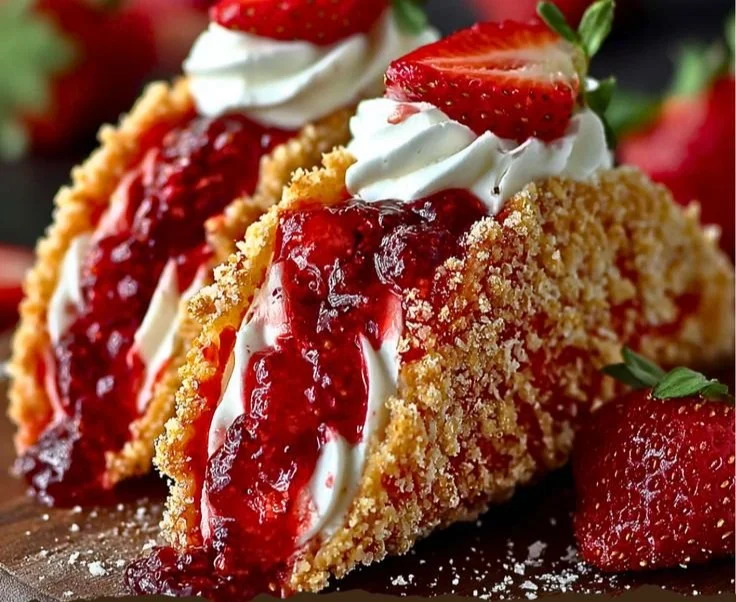Strawberry Crunch Cheesecake Tacos served on a plate