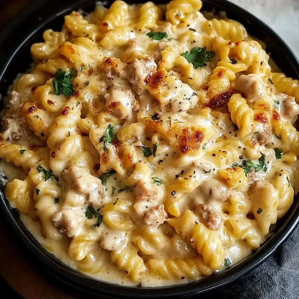 Creamy garlic parmesan chicken pasta prepared in a crockpot