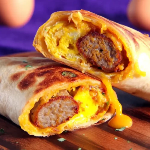 Cheesy sausage egg breakfast roll-ups served warm and ready for busy mornings