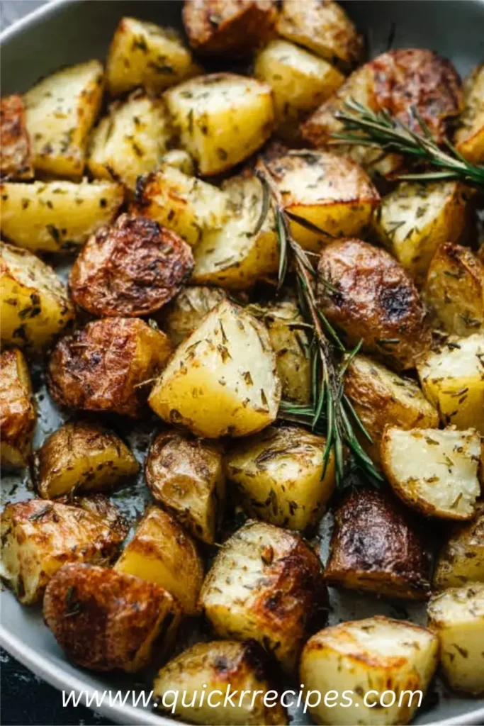Roasted baby potatoes tossed in olive oil, garlic, and fresh herbs on a baking tray
