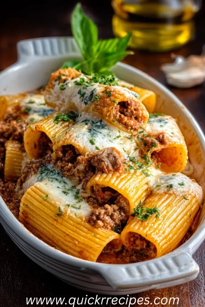 Baked Rigatoni Stuffed with Beef Ragu and Mozzarella – A Cheesy Oven-Baked Pasta Recipe