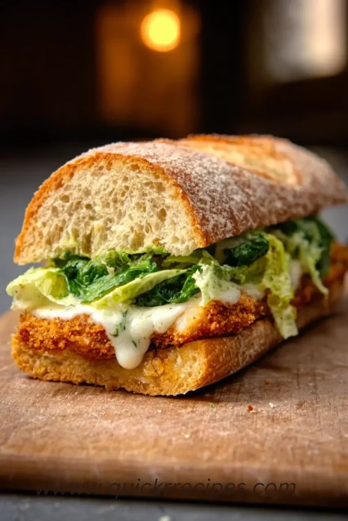 Chicken Caesar Sandwich featuring crispy breaded chicken cutlets and fresh romaine lettuce