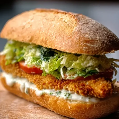 Crispy Chicken Caesar Sandwich with breaded chicken, romaine lettuce, and creamy Caesar dressing in a French baguette