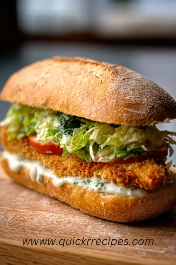 Crispy Chicken Caesar Sandwich with breaded chicken, romaine lettuce, and creamy Caesar dressing in a French baguette