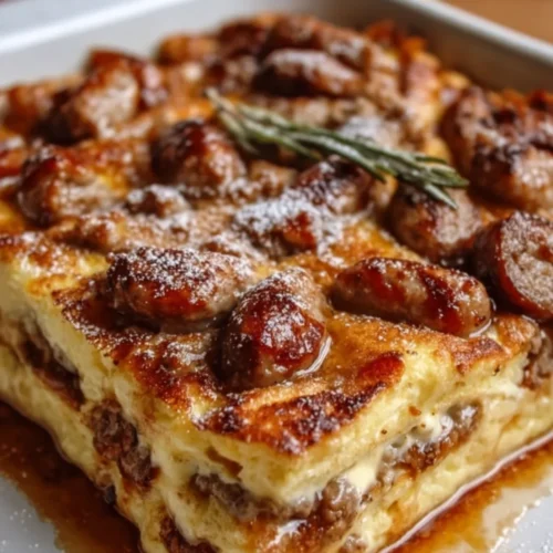 Slice of pancake sausage casserole showing sweet and savory breakfast layers