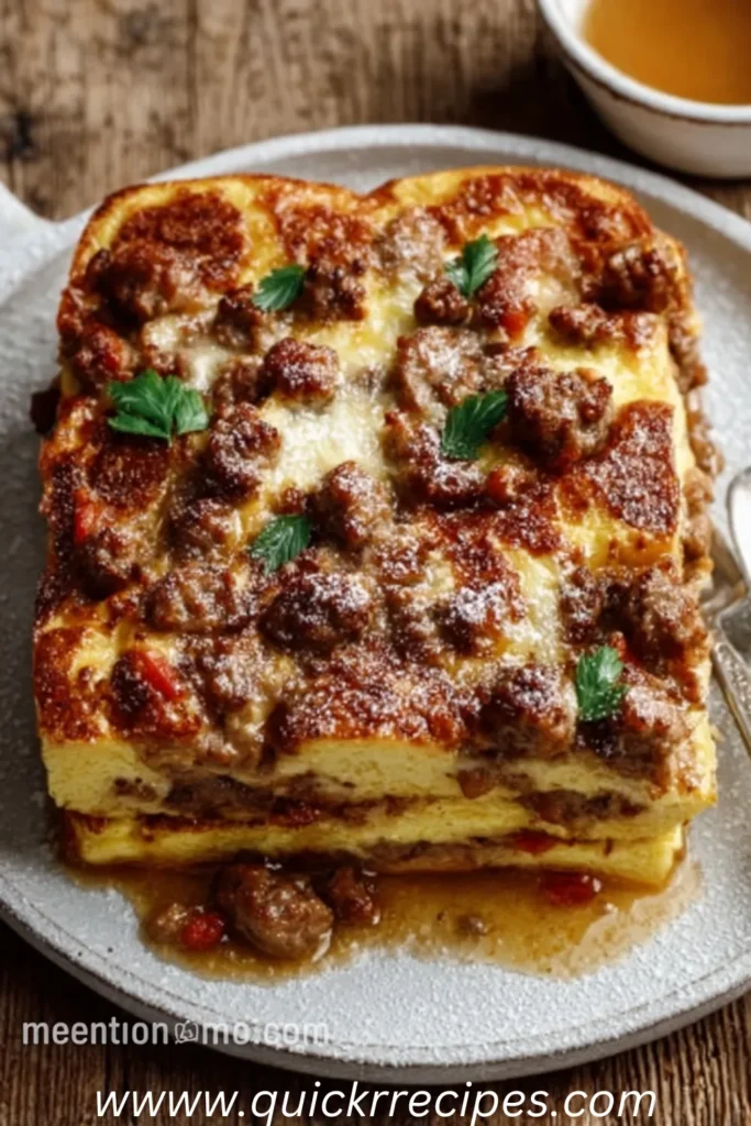 Pancake sausage casserole baked with maple syrup and savory sausage in a family-style dish